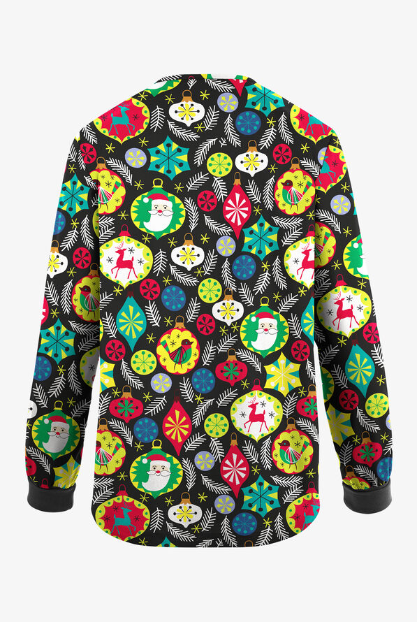 Butter-Soft Originals Jolly Baubles Women's 3-Pocket Snap Front Print Scrub Jacket - null - 2