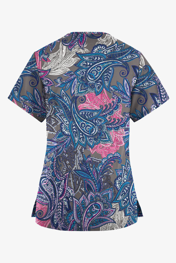 Butter-Soft Originals Layered Paisley Grey Stone Women's 4-Pocket Rounded V-Neck Print Scrub Top - null - 2