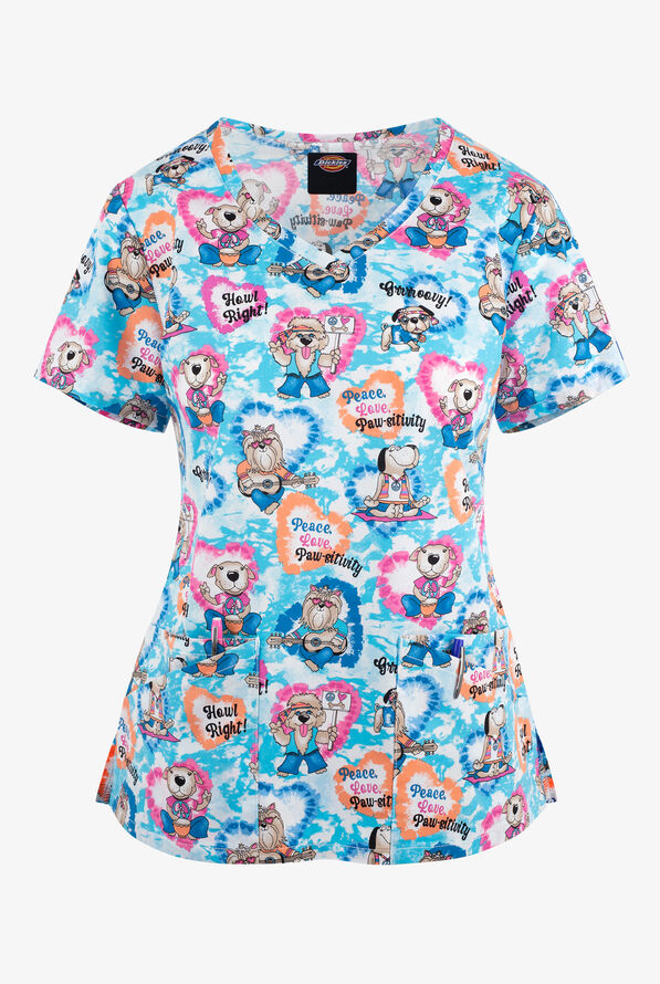 Dickies EDS Hippie Hounds Women's 4Pocket STRETCH VNeck Print Scrub