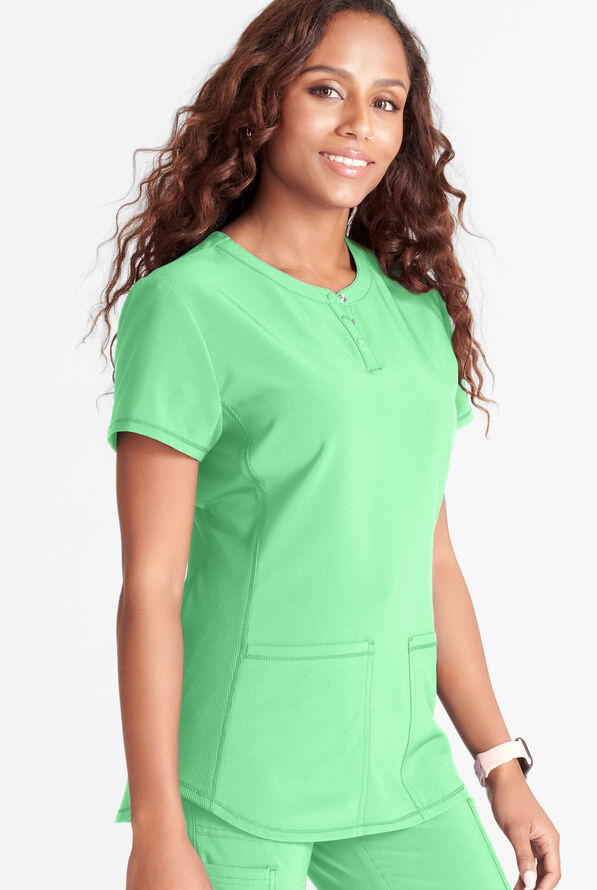 Cherokee Collection Women's 3-Pocket STRETCH Rib-Knit Side Snap Henley Scrub Top - Mint - 2
