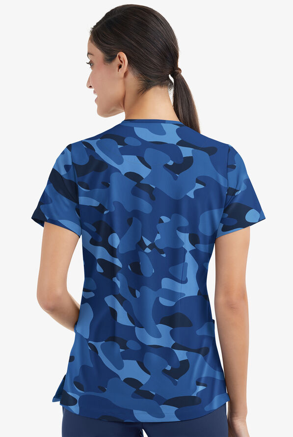 Easy STRETCH Cloud Camo Navy Women's 2-Pocket Mitered V-Neck Print Scrub Top - null - 3