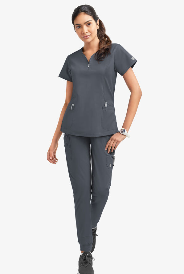 Butter-Soft STRETCH Women's 4-Pocket Curved Neck Zipper Scrub Top - Pewter - 2