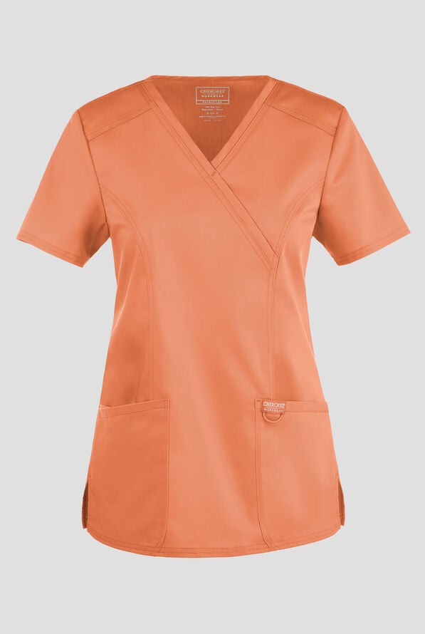 Cherokee Workwear Revolution Women's 2-Pocket STRETCH Mock Wrap Scrub Top - Papaya Juice - 1