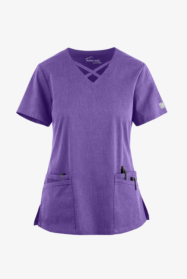 Butter-Soft STRETCH Women's 4-Pocket Crisscross Scrub Top - Sparkling Grape Heather - 1