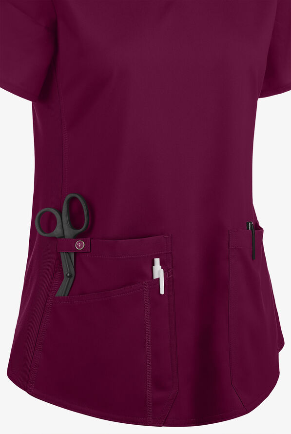 Med Couture Touch Women's 3-Pocket STRETCH Rib-Knit Side Panels Shirttail V-Neck Scrub Top - Wine - 3