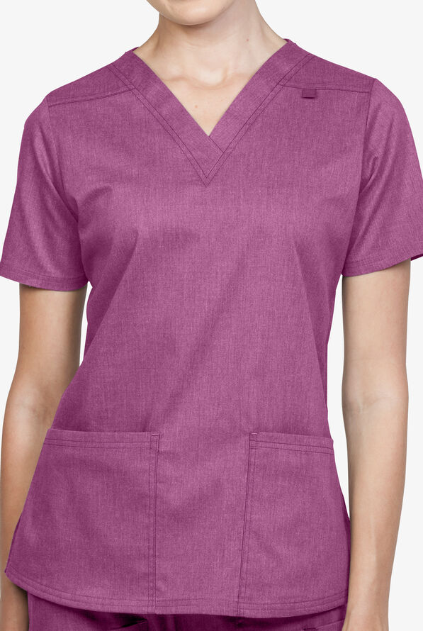 Butter-Soft STRETCH Women's 4-Pocket V-Neck Scrub Top - Berry Wine Heather - 2