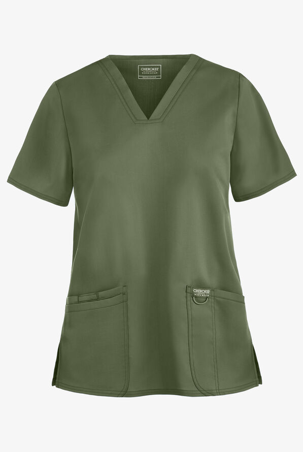 Cherokee Workwear Revolution Women's 3-Pocket STRETCH V-Neck Scrub Top - Olive - 1