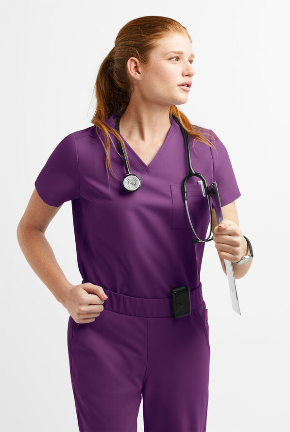 MOVEMENT by Butter-Soft Ceti Women's 1-Pocket V-Neck Tuck-In STRETCH Scrub Top - Eggplant - 2