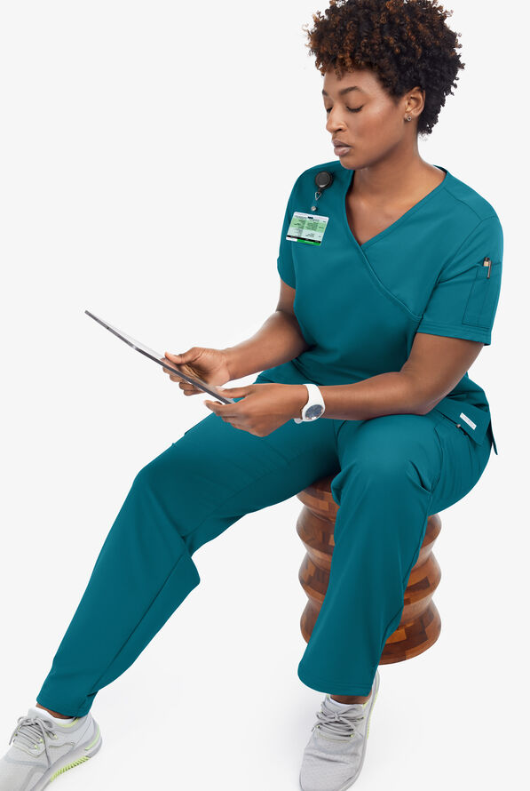 Butter-Soft Women's 5-Pockets Faux Wrap Scrub Top **Slightly IRREGULAR** - Caribbean Blue - 8