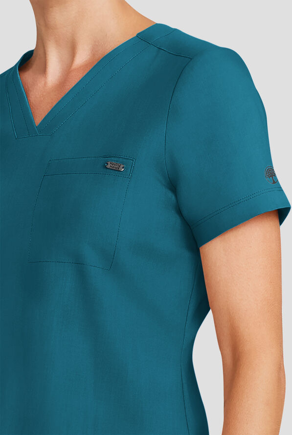 Healing Hands Quest Women's 1-Pocket STRETCH Tuck In V-Neck Scrub Top - Caribbean Blue - 3