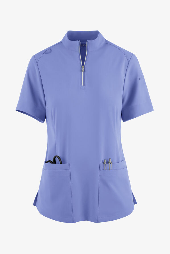 Blusa médica Easy STRETCH Jen con cremallera en el cuello y 4 bolsillos para mujer - Ceil Blue - 1