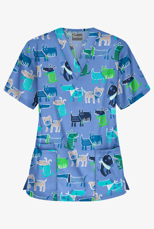 Butter-Soft Dog Walk Ceil Women's 3-Pocket V-Neck Print Scrub Top - null - 1