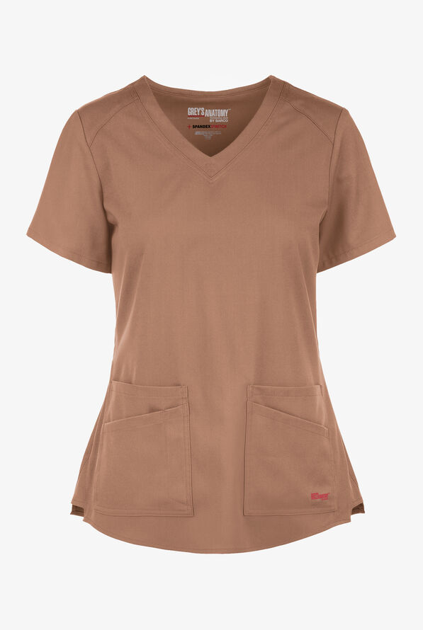 Blusa m&eacute;dica Grey&rsquo;s Anatomy Spandex STRETCH con cuello en V y 4 bolsillos para mujer - Warm Mocha - 1