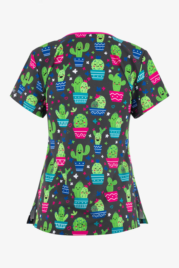Med Couture Cactus Whimsical Women's 2-Pocket STRETCH V-Neck Print Scrub Top - null - 2