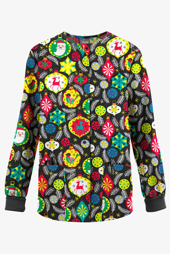 Butter-Soft Originals Jolly Baubles Women's 3-Pocket Snap Front Print Scrub Jacket - null - 1
