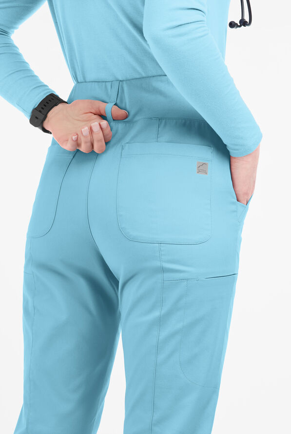 Butter-Soft STRETCH Women's 6-Pocket High Waisted Slim Leg Yoga Scrub Pants - Petite - Poolside View - 3