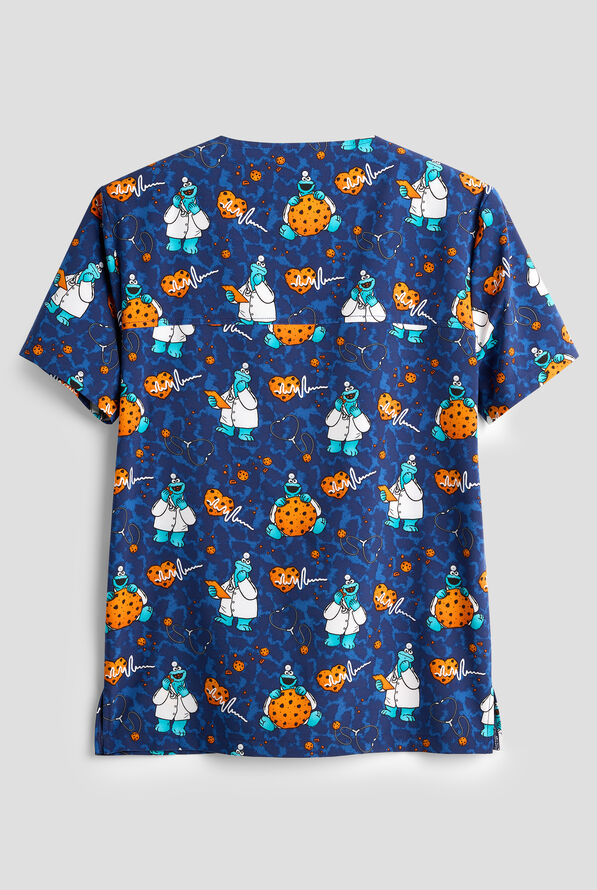 Tooniforms Sesame Street Doctor Cookies Unisex 2-Pocket STRETCH V-Neck Print Scrub Top - null - 2