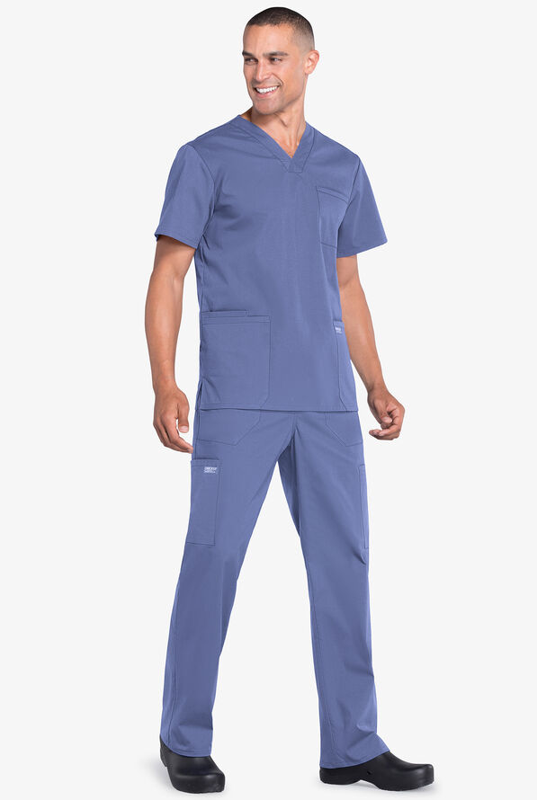 Cherokee Workwear Professionals Men's 4-Pocket STRETCH V-Neck Scrub Top - Ceil Blue - 2