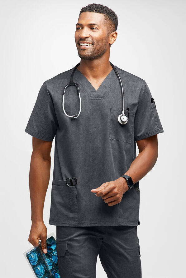 Butter-Soft STRETCH Men's 6-Pocket V-Neck Scrub Top - Heather Charcoal - 2