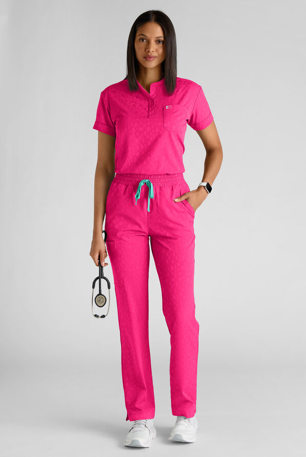 Easy STRETCH Bella Women's Jacquard 1-Pocket Henley Scrub Top - Reactive Pink - 6