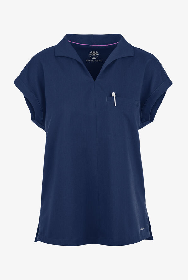 Healing Hands Purple Label Women's 1-Pocket STRETCH Dolman Sleeve Notch Collar Scrub Top - Navy - 1
