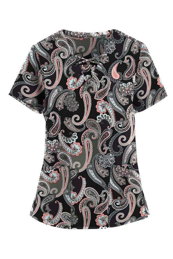 Tafford Active STRETCH Kashmir Paisley Women's 4-Pocket Lace Up V-Neck Print Scrub Top - null - 1