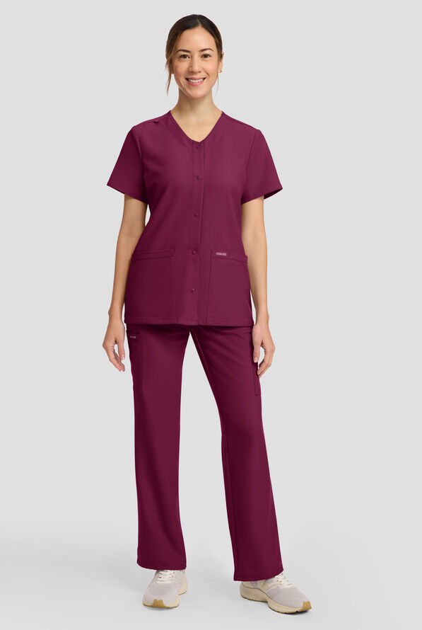 Cherokee Workwear Originals Ultra Women's 2-Pocket Snap Front V- Neck Scrub Top - Wine - 3