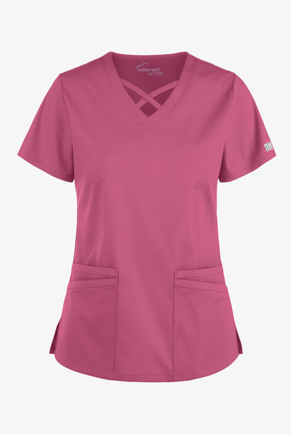 Butter-Soft STRETCH Women's 4-Pocket Crisscross Scrub Top - Berry Haze - 1
