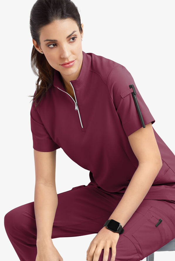 Easy STRETCH Jen Women's 4-Pocket Zip-Neck Short Sleeve Scrub Top - Wine - 7
