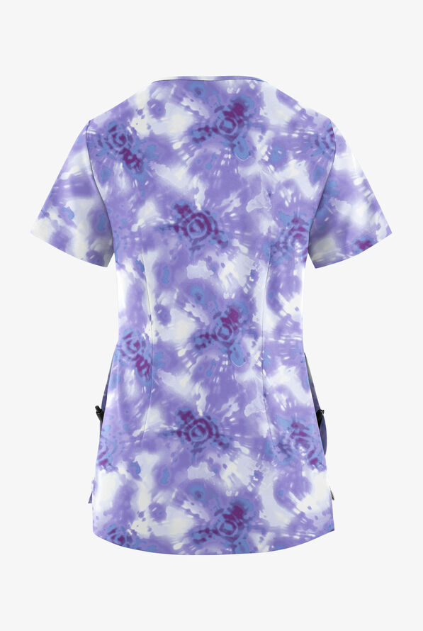 Easy STRETCH Tie-Dye Blue Crush Women's 3-Pocket High Low V-Neck Print Scrub Top - null - 2