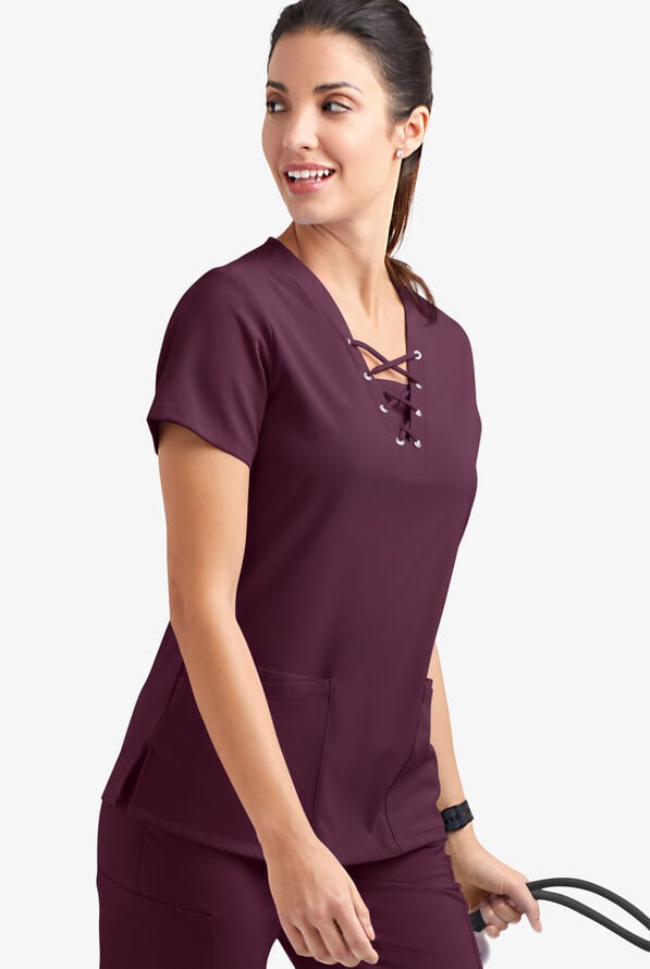 Easy STRETCH Gisele Women's 4-Pocket Lace Up V-Neck Scrub Top - Dark Mulberry - 3