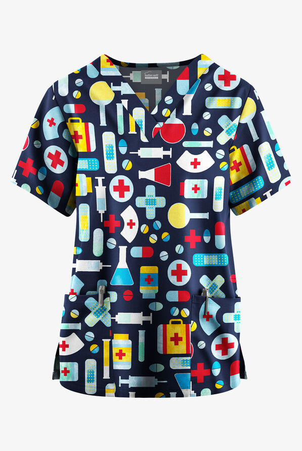 Butter-Soft Originals Care Kit Navy Women's 2-Pocket V-Neck Print Scrub Top - null - 1