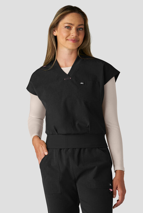 koi Solis Trinity Women's 1-Pocket STRETCH Banded Bottom Split V-Neck Scrub Top - Black - 2