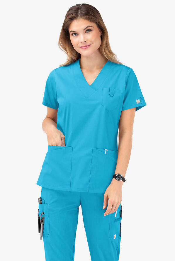 Butter-Soft STRETCH Women's 6-Pocket V-Neck Scrub Top - Turquoise - 8