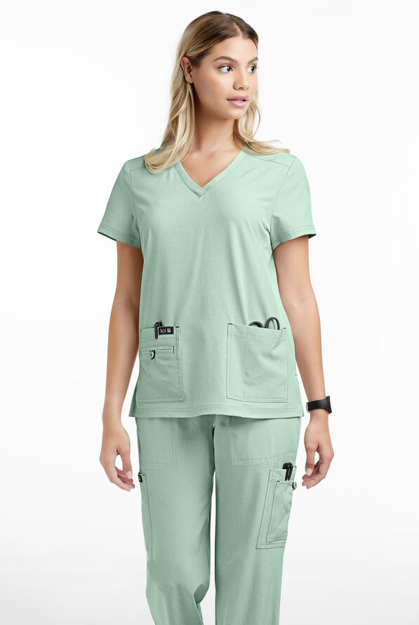 koi Basics Becca Women's 4-Pocket STRETCH V-Neck Scrub Top - Heather Sage - 2