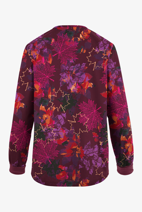 Butter-Soft Originals Autumn Park Wine Women's 3-Pocket Snap Front Print Scrub Jacket - null - 2