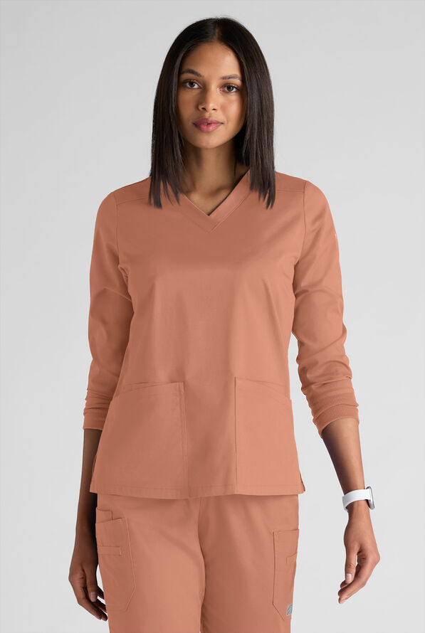 Butter-Soft STRETCH Women's 5-Pocket 3/4" Sleeve V-Neck Scrub Top - Terracotta - 1