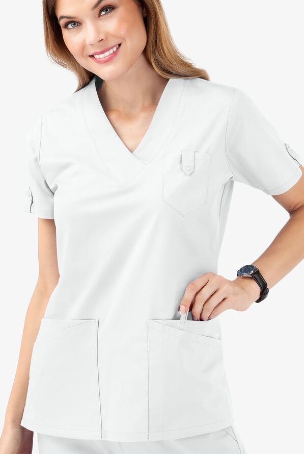 Butter-Soft STRETCH Women's 6-Pocket V-Neck Scrub Top - White - 5