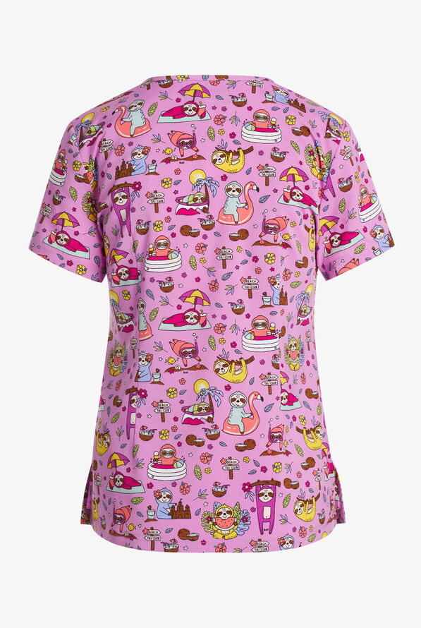 Blusa médica estampada koi Basics Summer Sloth STRETCH con cuello en V y 2 bolsillos para mujer - null - 2