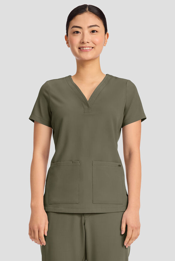 Blusa m&eacute;dica Healing Hands Quest Briana STRETCH con 3 bolsillos y cuello en Y para mujer - Olive - 2