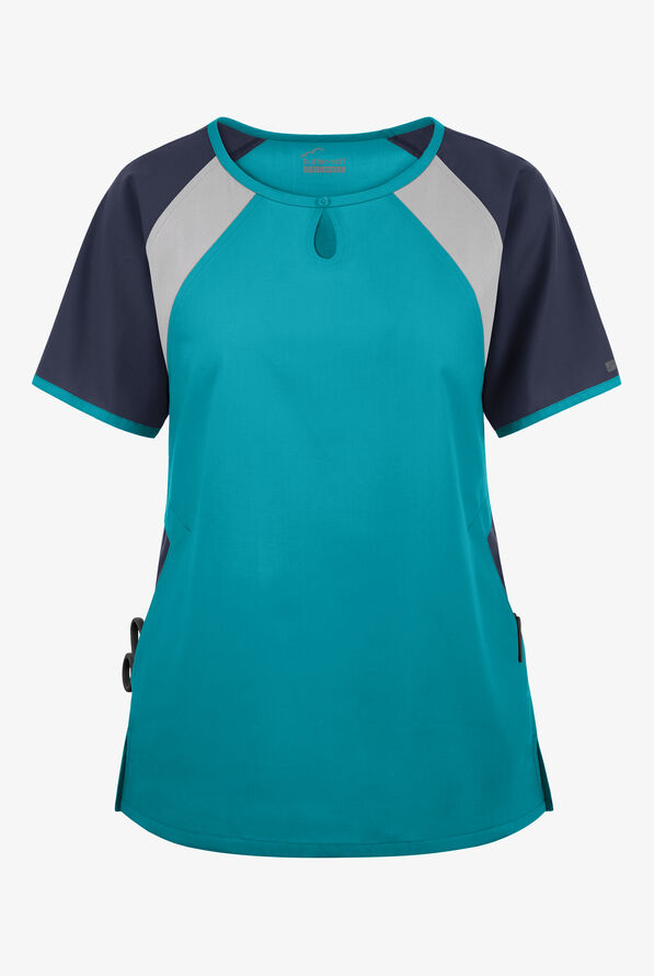 Blusa médica Butter-Soft Originals Tri-Colorblock con cuello ojo de cerradura y 3 bolsillos para mujer - Teal/Navy/Silver - 1