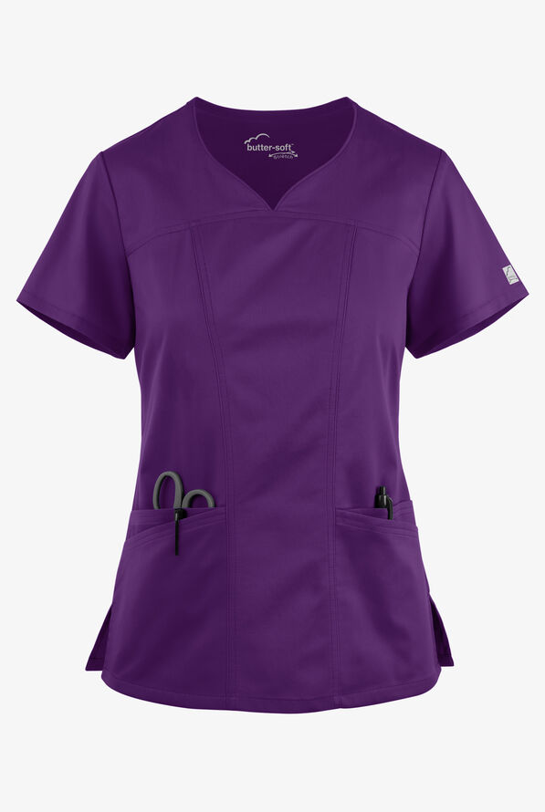 Blusa médica UA Butter-Soft STRETCH con escote corazón y 4 bolsillos para mujer - Eggplant - 1