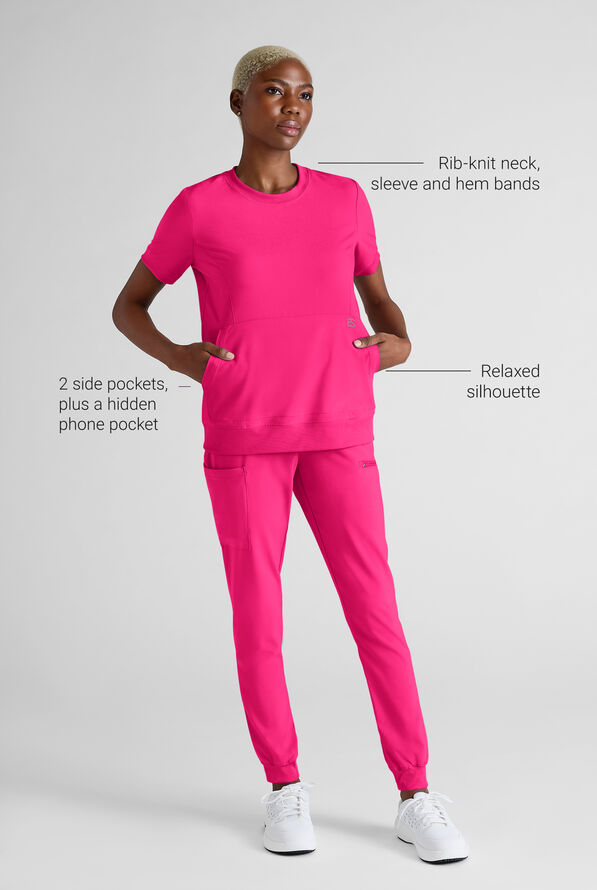 Easy STRETCH Anya Women's 2-Pocket Relaxed Crew Neck Scrub Top - Reactive Pink - 3