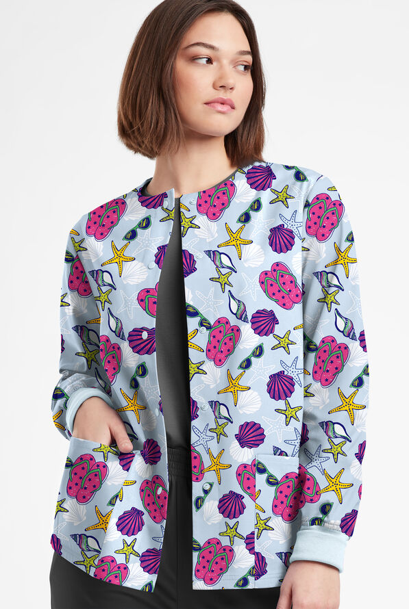 Butter-Soft Originals Walk On The Beach Morning Dew Women's 3-Pocket Warm-Up Print Scrub Jacket - null - 2