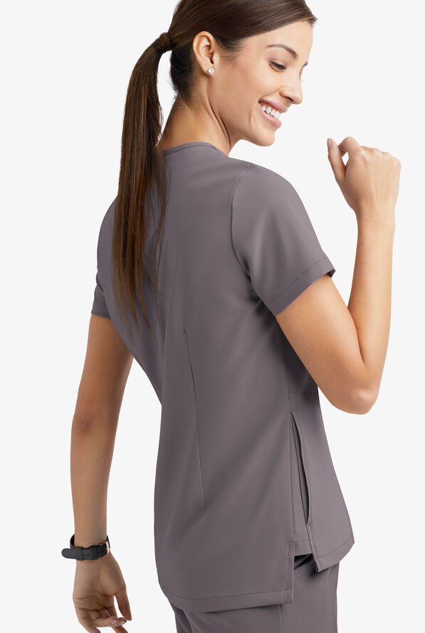 Easy STRETCH Taylor Women's 3-Pocket High Low Hem V-Neck Scrub Top - Grey Stone - 5