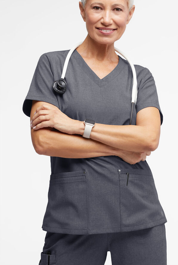Easy STRETCH Lina Mitered Women's 4-Pocket V-Neck Scrub Top - Charcoal Heather - 3