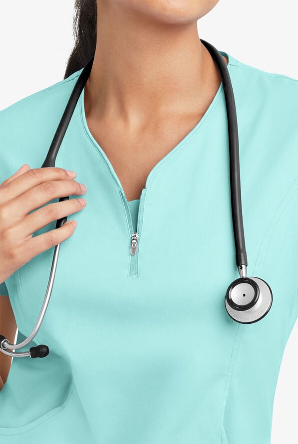 Butter-Soft STRETCH Women's 4-Pocket Curved Neck Zipper Scrub Top - Aqua Moon - 5