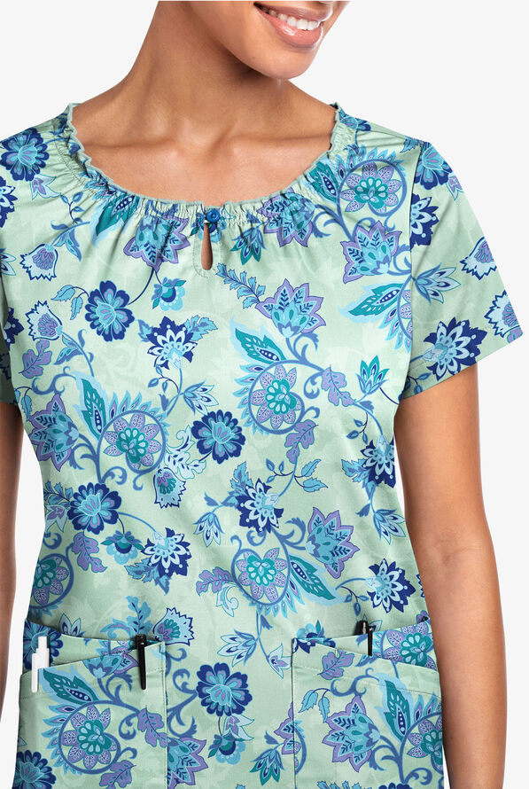 Butter-Soft STRETCH Jacobean Eucalyptus Leaf Women's 6-Pocket Peasant Style Print Scrub Top - null - 2