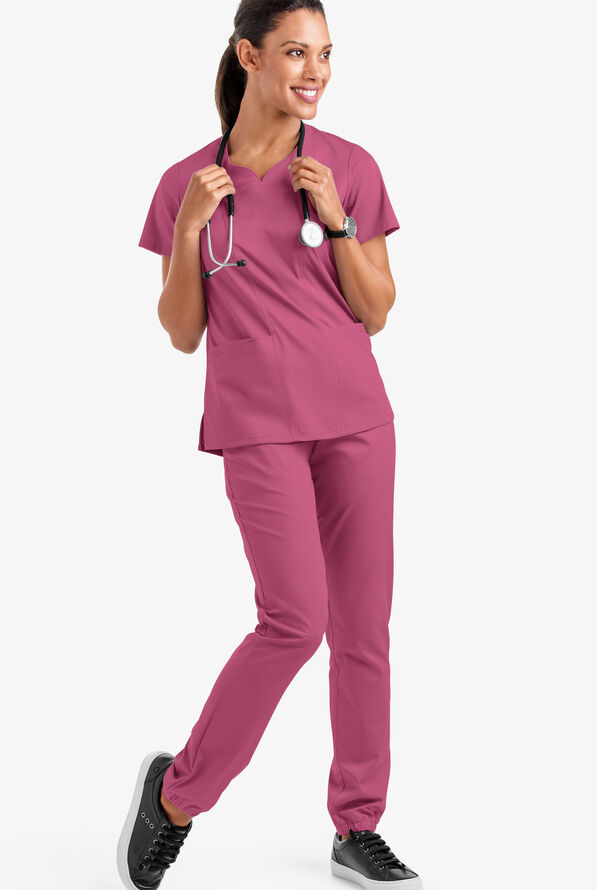 Butter-Soft STRETCH Women's 4-Pocket Sweetheart Neck Scrub Top - Berry Haze - 2