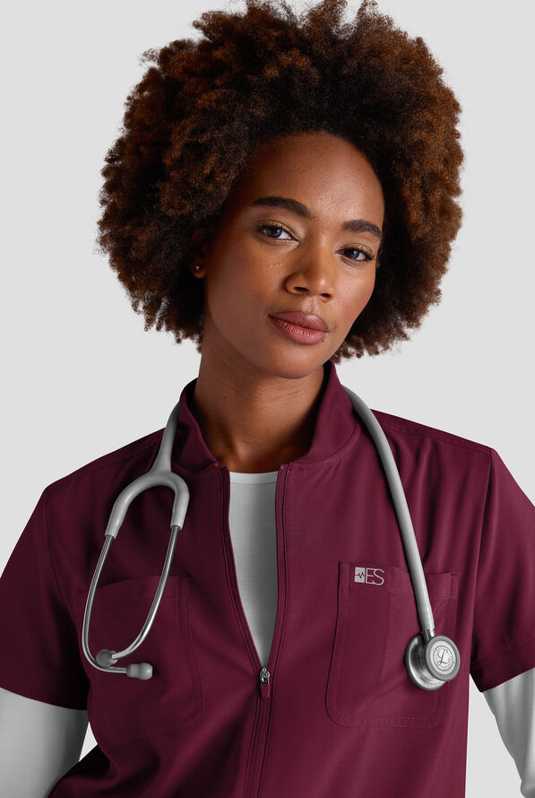 Easy STRETCH Nika Women's Zip Front Scrub Top– 2-Piece Jumpsuit Top - Wine - 3